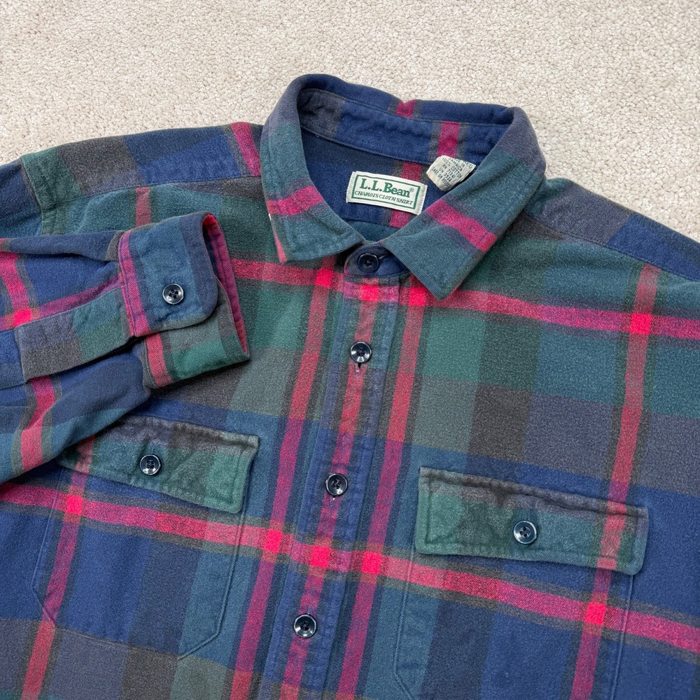 LL Bean Mens XL Chamois Cloth Shirt Blue Green Red Plaid Flannel Regular